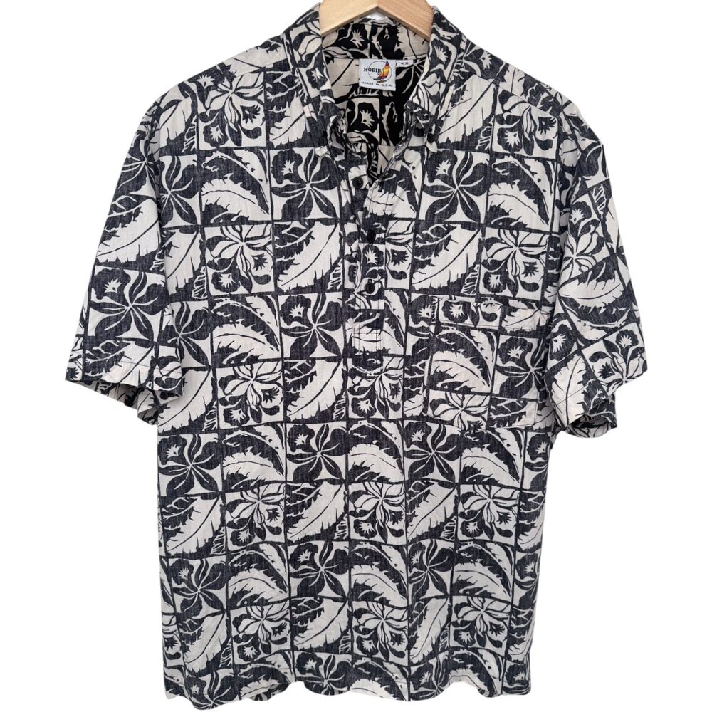 Hobie Button-Up Men's 2XL White Black Hawaiian Short-Sleeve
